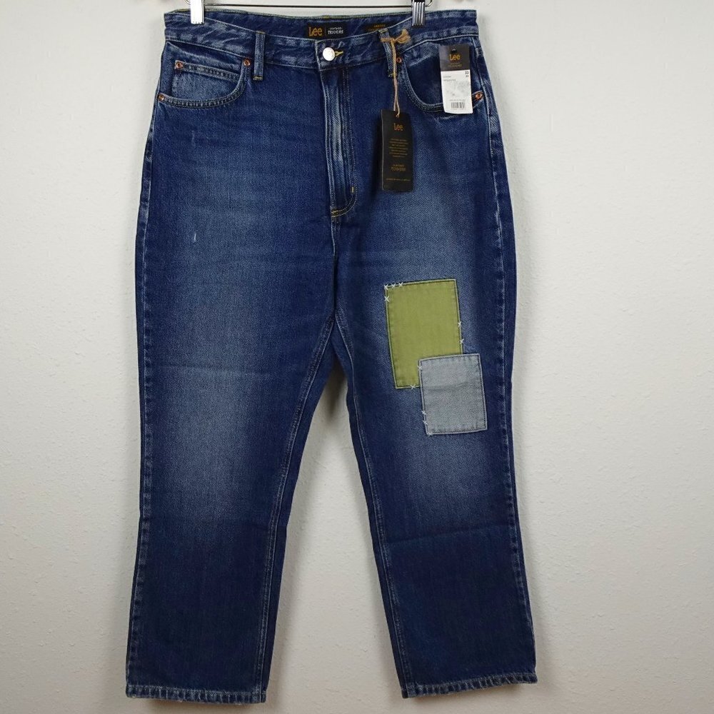Lee Straight Leg Jeans Women's Size 33x27 Blue Denim Patches High Rise Ankle